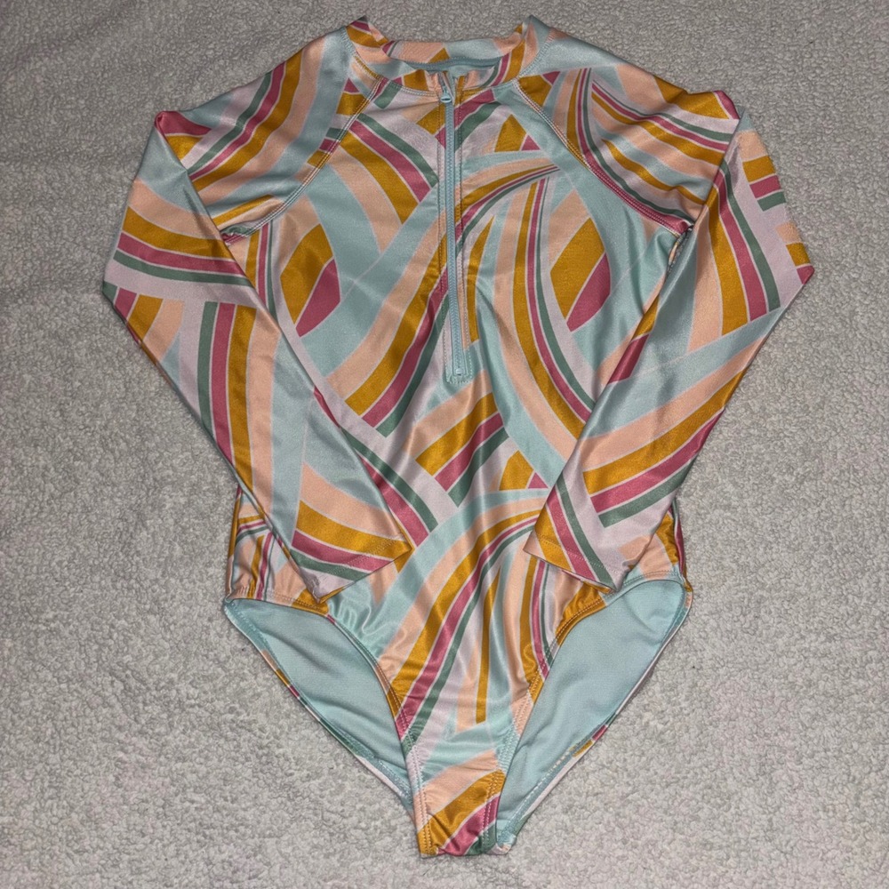 Wonder Nation Girls Retro Geometric Swirl Long Sleeve One Piece Swimsuit L 10-12